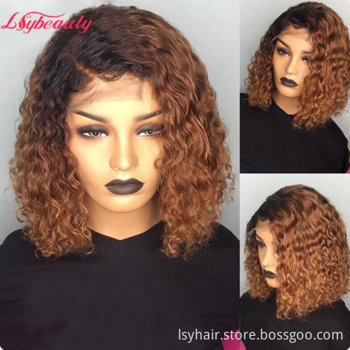 Ombre Honey Blonde Short Human Hair Wigs 1b/30  Brazilian Curly Lace Front Wigs Water Wave Bob Wigs For Black Women